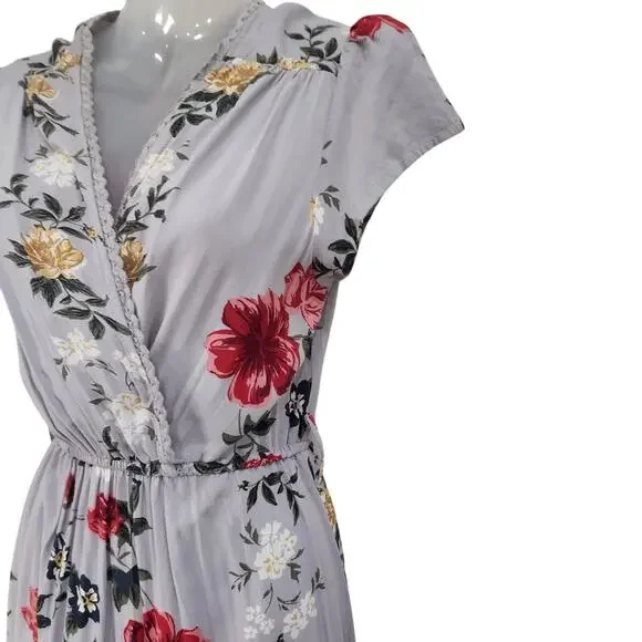 Angie Floral Crochet Trim Midi Faux Wrap Dress Cap Sleeve Multicolor Size Small - Picture 3 of 8